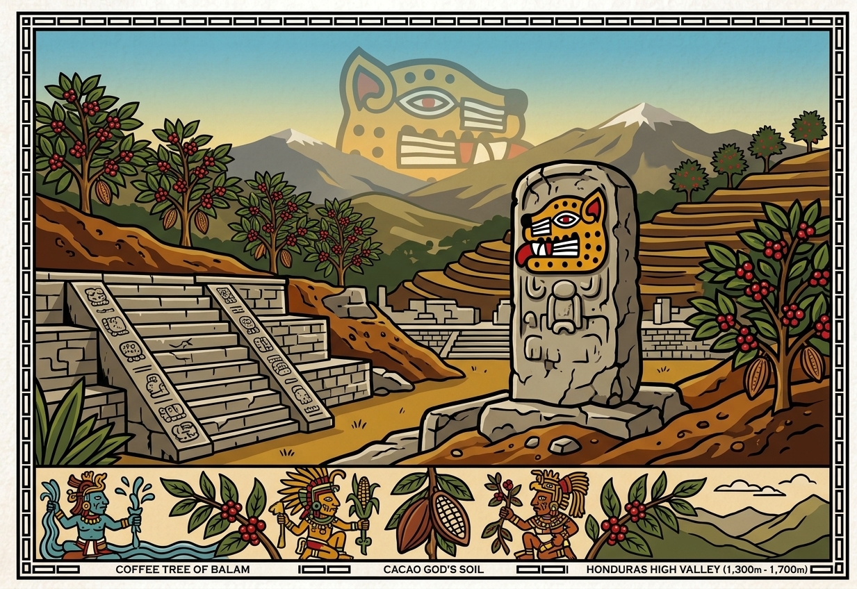 Copán ruins with coffee trees and Balam jaguar stone — Honduras high valley 1,300–1,700m