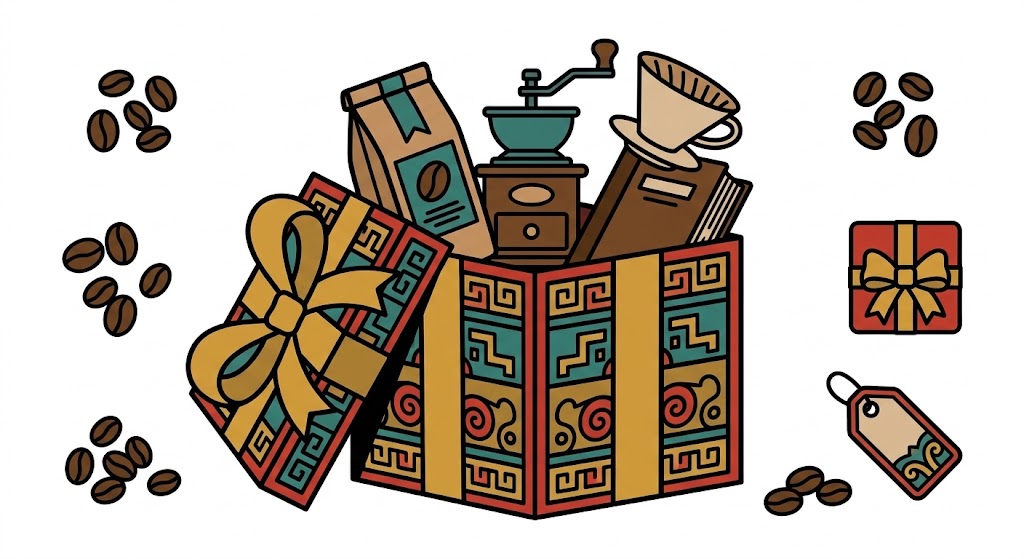 Coffee gift box with grinder, pour over dripper, coffee bags, and book